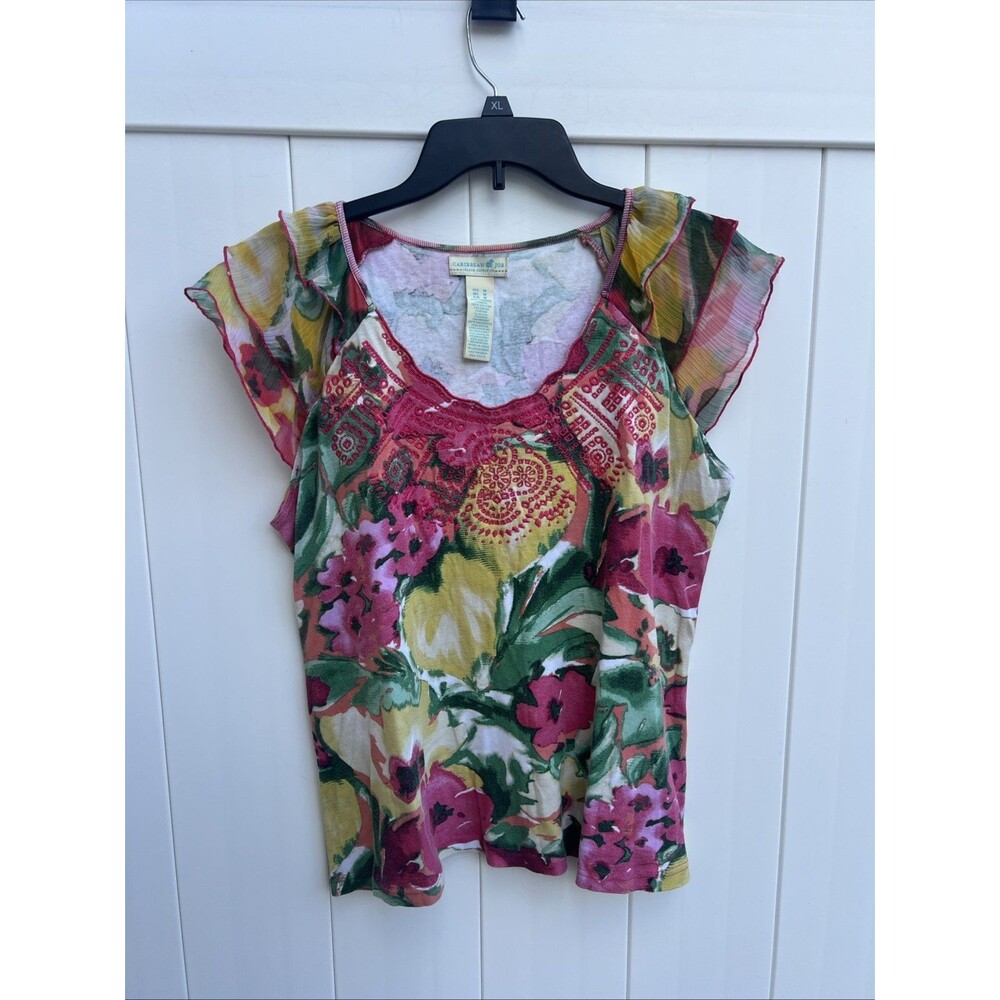 CARIBBEAN JOE Women's Floral Top Embroidered Sz Medium